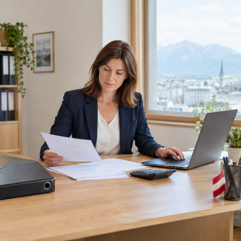 Unternehmerin prüft den Jahresabschluss am Laptop vor der elektronischen Firmenbuch-Einreichung in Österreich