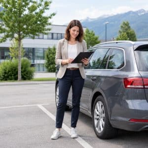 Berufstätige Person dokumentiert eine Dienstfahrt mit privatem Pkw für die Kilometergeldabrechnung in Österreich